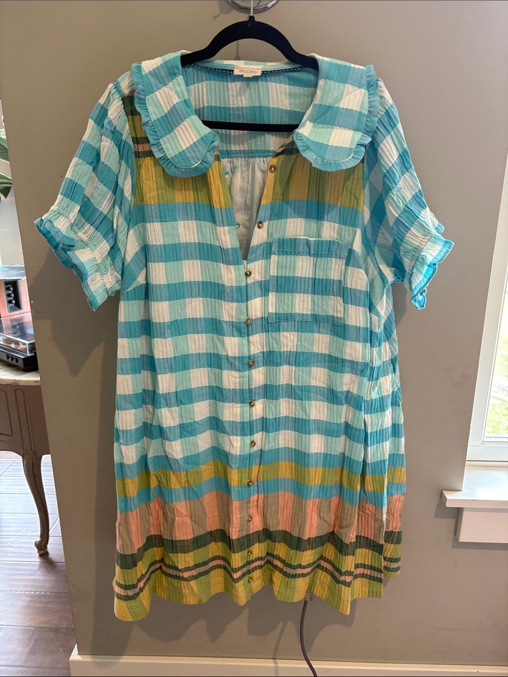 Pilcro Blue White Striped Cotton Tunic with Multicolor Hem